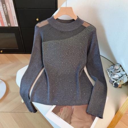 FA53952# 冬季新款打底针织衫网纱拼接镂空内搭毛衣高温烫钻上衣 服裝批發女裝批發服飾貨源