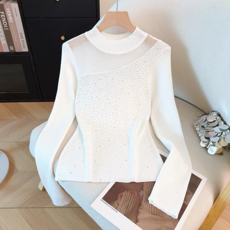 FA53952# 冬季新款打底针织衫网纱拼接镂空内搭毛衣高温烫钻上衣 服裝批發女裝批發服飾貨源