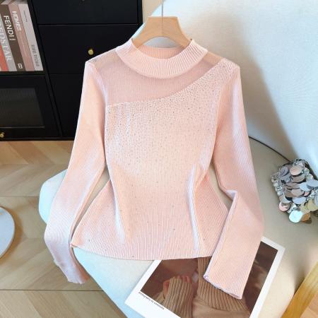 FA53952# 冬季新款打底针织衫网纱拼接镂空内搭毛衣高温烫钻上衣 服裝批發女裝批發服飾貨源