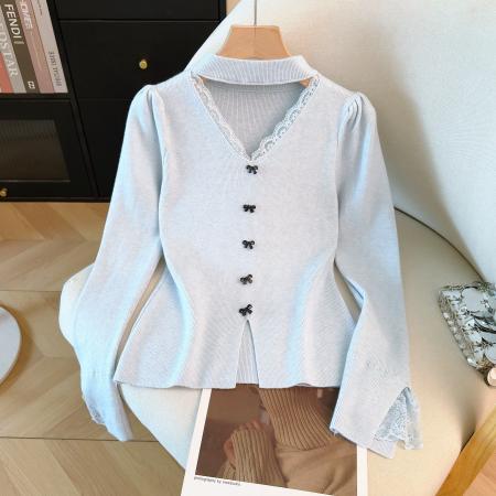 FA53953# 冬季新款打底挂脖针织衫漏锁骨蕾丝拼接V领内搭毛衣 服裝批發女裝批發服飾貨源
