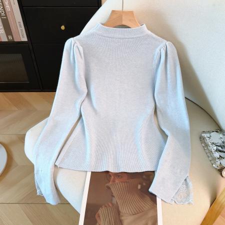 FA53953# 冬季新款打底挂脖针织衫漏锁骨蕾丝拼接V领内搭毛衣 服裝批發女裝批發服飾貨源