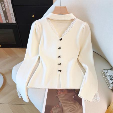 FA53953# 冬季新款打底挂脖针织衫漏锁骨蕾丝拼接V领内搭毛衣 服裝批發女裝批發服飾貨源