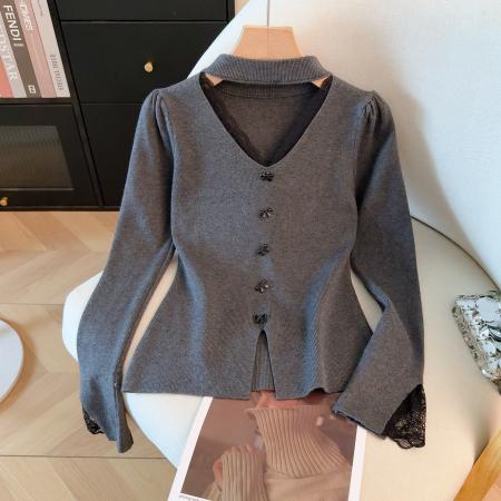 FA53953# 冬季新款打底挂脖针织衫漏锁骨蕾丝拼接V领内搭毛衣 服裝批發女裝批發服飾貨源