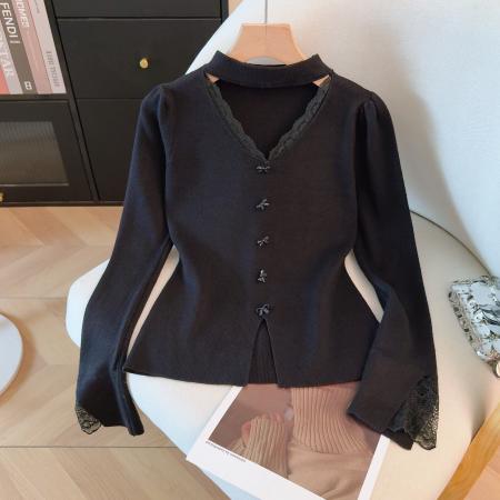 FA53953# 冬季新款打底挂脖针织衫漏锁骨蕾丝拼接V领内搭毛衣 服裝批發女裝批發服飾貨源