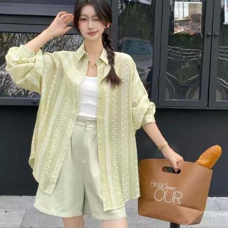 FA53954# 夏季花卉绣花条纹衬衫宽松设计感薄款原宿风衬衣休闲外套女 服裝批發女裝批發服飾貨源