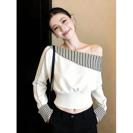 FA53956# 冬慵懒风独特别致小众不撞款松弛感百搭休闲风白色拼接卫衣女 服裝批發女裝批發服飾貨源