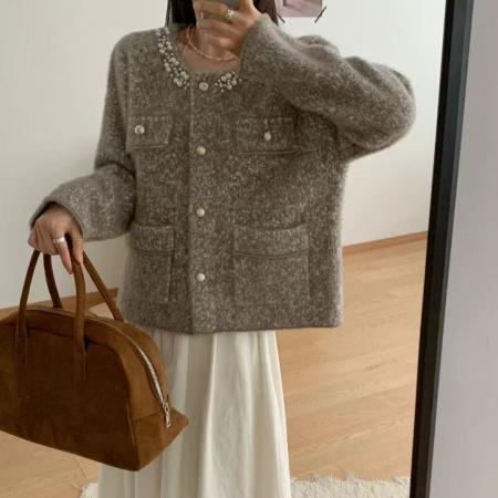 FA53958# 高级重工圆领小香风毛衣女秋冬外穿新款钉珠气质减龄针织开衫外套 服裝批發女裝批發服飾貨源