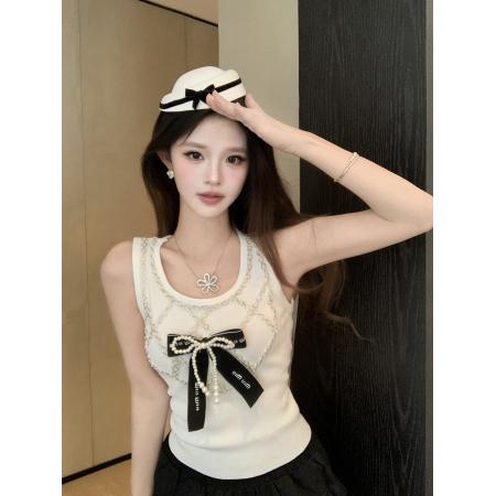 FA53959# 法式名媛风针织吊带蝴蝶结镶钻无袖背心内外穿修身显瘦新款 服裝批發女裝批發服飾貨源