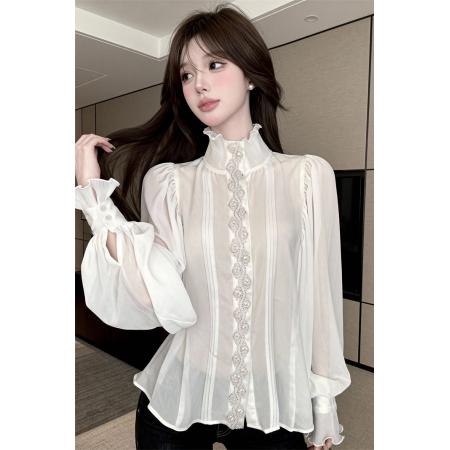 FA53963# 立领名媛风烫钻宽松木耳边雪纺衫 服裝批發女裝批發服飾貨源