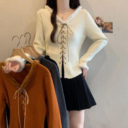 FA53966# 秋冬新款胖mm大码女甜美别致绑带设计感长袖毛毛针织上衣 服裝批發女裝批發服飾貨源