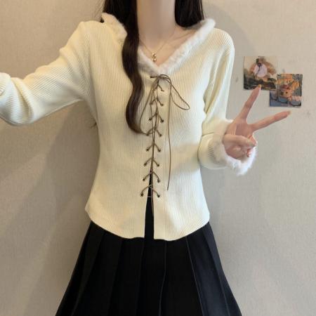 FA53966# 秋冬新款胖mm大码女甜美别致绑带设计感长袖毛毛针织上衣 服裝批發女裝批發服飾貨源