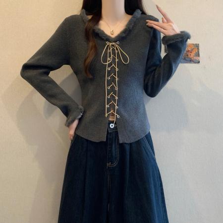 FA53966# 秋冬新款胖mm大码女甜美别致绑带设计感长袖毛毛针织上衣 服裝批發女裝批發服飾貨源