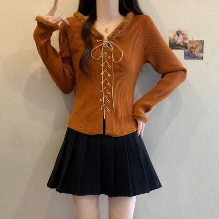 FA53966# 秋冬新款胖mm大码女甜美别致绑带设计感长袖毛毛针织上衣 服裝批發女裝批發服飾貨源