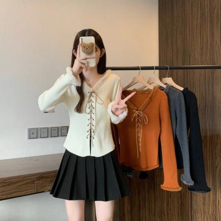 FA53966# 秋冬新款胖mm大码女甜美别致绑带设计感长袖毛毛针织上衣 服裝批發女裝批發服飾貨源