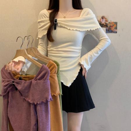 FA53967# 大码新款韩系气质纯色方领喇叭袖不规则修身长袖套头针织衫女 服裝批發女裝批發服飾貨源