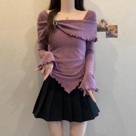 FA53967# 大码新款韩系气质纯色方领喇叭袖不规则修身长袖套头针织衫女 服裝批發女裝批發服飾貨源