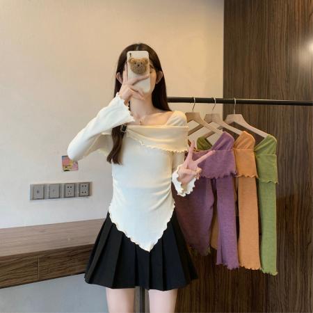 FA53967# 大码新款韩系气质纯色方领喇叭袖不规则修身长袖套头针织衫女 服裝批發女裝批發服飾貨源