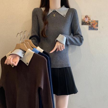 FA53971# 大码高级感拼接撞色毛衣针织衫假两件秋冬内搭气质显瘦打底 服裝批發女裝批發服飾貨源