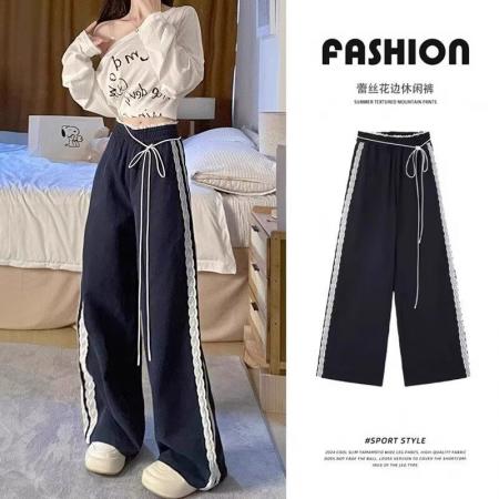 FA53973# 蕾丝花边拼接条纹阔腿裤女秋季新款小个子高腰直筒休闲运动裤 服裝批發女裝批發服飾貨源