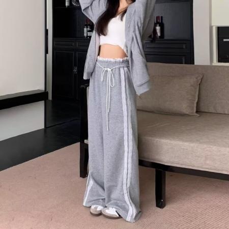 FA53973# 蕾丝花边拼接条纹阔腿裤女秋季新款小个子高腰直筒休闲运动裤 服裝批發女裝批發服飾貨源