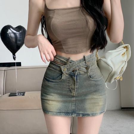 FA53974# 美式复古辣妹交叉镂空春季新款高腰a字包臀牛仔短裙女半身裙 服裝批發女裝批發服飾貨源