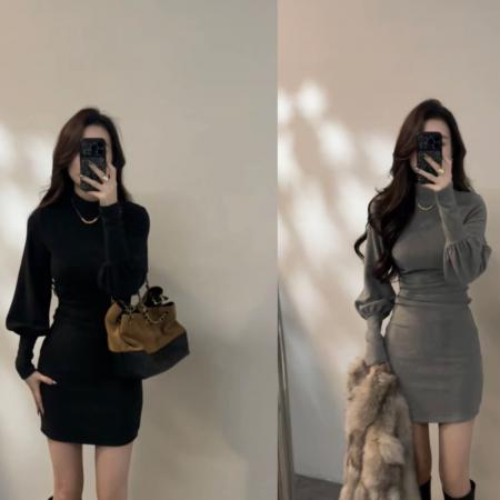 FA53975# 复古冬季灯笼袖半高领连衣裙秋冬裙子褶皱收腰短裙 服裝批發女裝批發服飾貨源