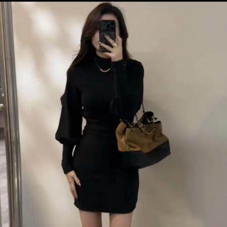 FA53975# 复古冬季灯笼袖半高领连衣裙秋冬裙子褶皱收腰短裙 服裝批發女裝批發服飾貨源