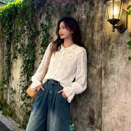 FA53980# 气质娃娃领衬衫女早春新品设计感重工长袖衬衫甜美上衣 服裝批發女裝批發服飾貨源