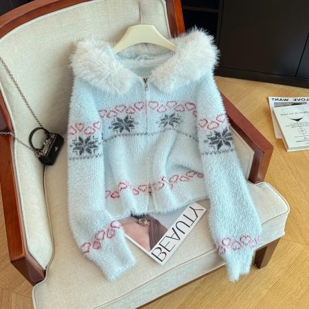 FA53983# 高级感毛绒绒连帽舒适毛衣外套女秋冬季新款宽松显瘦气质开衫 服裝批發女裝批發服飾貨源