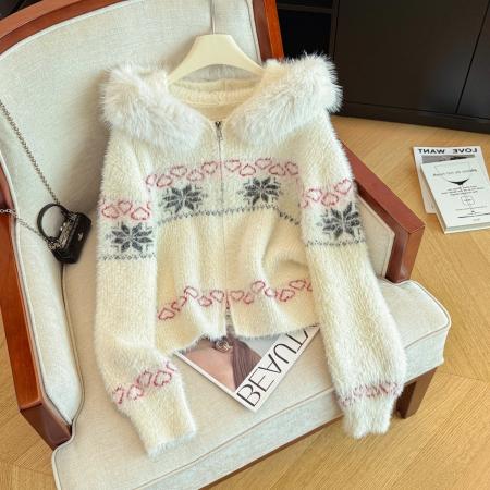 FA53983# 高级感毛绒绒连帽舒适毛衣外套女秋冬季新款宽松显瘦气质开衫 服裝批發女裝批發服飾貨源