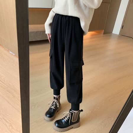 FA53986# 毛呢工装裤女秋冬学院风显瘦宽松休闲束脚哈伦裤子 服裝批發女裝批發服飾貨源