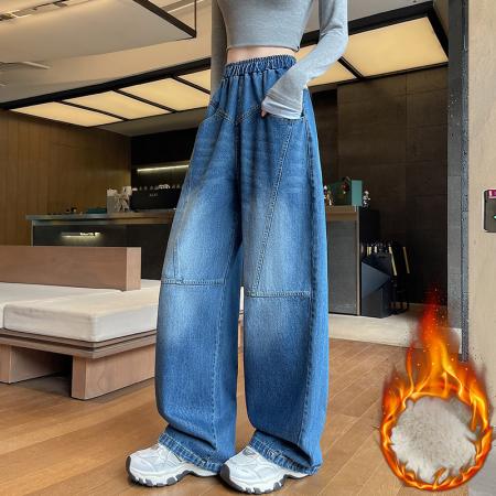 FA53987# 时尚阔腿牛仔裤女秋冬加绒阔腿高腰宽松显瘦弯刀直筒拖地裤子 服裝批發女裝批發服飾貨源