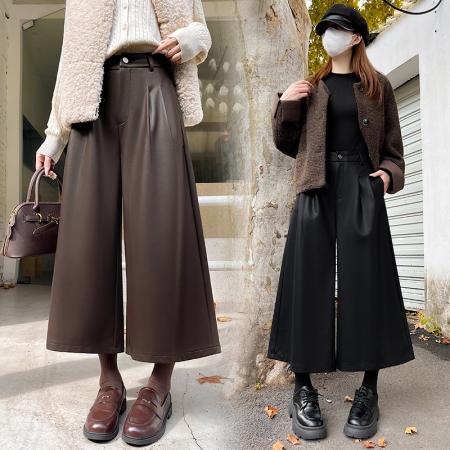 FA53988# 好质量咖色PU皮裤阔腿裤女秋冬小个子直筒弯刀七八分裤 服裝批發女裝批發服飾貨源
