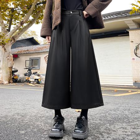 FA53988# 好质量咖色PU皮裤阔腿裤女秋冬小个子直筒弯刀七八分裤 服裝批發女裝批發服飾貨源