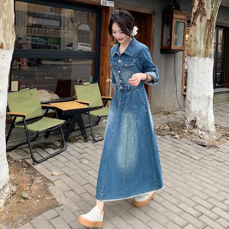 FA53989# 好质量长袖牛仔连衣裙女春季时尚宽松气质衬衫牛仔裙春款长裙 服裝批發女裝批發服飾貨源