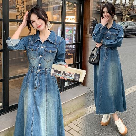 FA53989# 好质量长袖牛仔连衣裙女春季时尚宽松气质衬衫牛仔裙春款长裙 服裝批發女裝批發服飾貨源