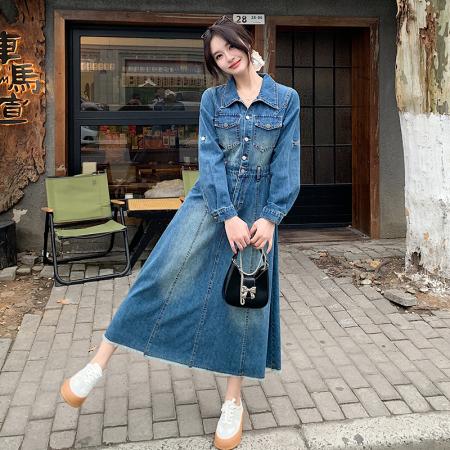 FA53989# 好质量长袖牛仔连衣裙女春季时尚宽松气质衬衫牛仔裙春款长裙 服裝批發女裝批發服飾貨源