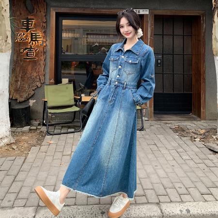 FA53989# 好质量长袖牛仔连衣裙女春季时尚宽松气质衬衫牛仔裙春款长裙 服裝批發女裝批發服飾貨源