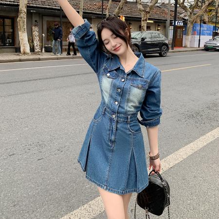 FA53990# 好质量复古港风牛仔短袖连衣裙夏季收腰显瘦衬衫裙女 服裝批發女裝批發服飾貨源