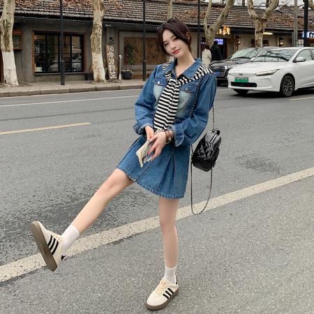 FA53990# 好质量复古港风牛仔短袖连衣裙夏季收腰显瘦衬衫裙女 服裝批發女裝批發服飾貨源