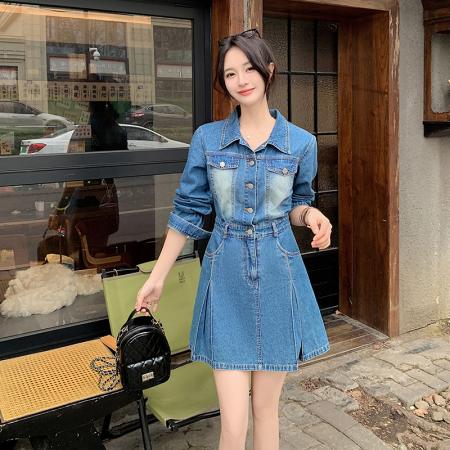 FA53990# 好质量复古港风牛仔短袖连衣裙夏季收腰显瘦衬衫裙女 服裝批發女裝批發服飾貨源