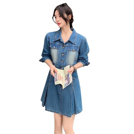 FA53990# 好质量复古港风牛仔短袖连衣裙夏季收腰显瘦衬衫裙女 服裝批發女裝批發服飾貨源