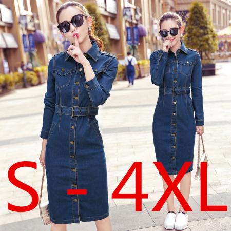 FA53992# 秋装新款复古中长款修身显瘦包臀牛仔连衣裙女长袖潮 服裝批發女裝批發服飾貨源