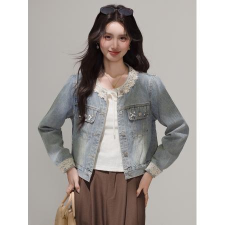 FA53993# 春季新款韩版蕾丝花边拼接短款牛仔外套女长袖小个子夹克 服裝批發女裝批發服飾貨源