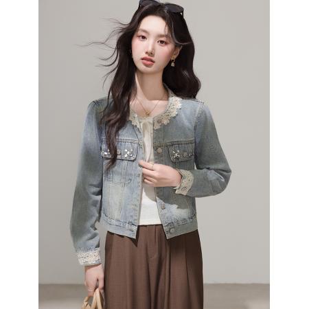 FA53993# 春季新款韩版蕾丝花边拼接短款牛仔外套女长袖小个子夹克 服裝批發女裝批發服飾貨源