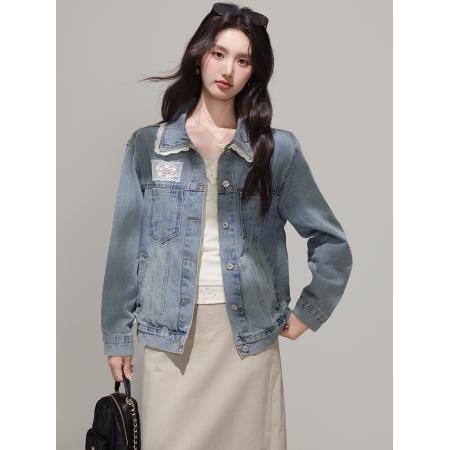 FA53994# 蓝色韩版蕾丝拼接甜美牛仔外套女春季设计感复古夹克上衣 服裝批發女裝批發服飾貨源