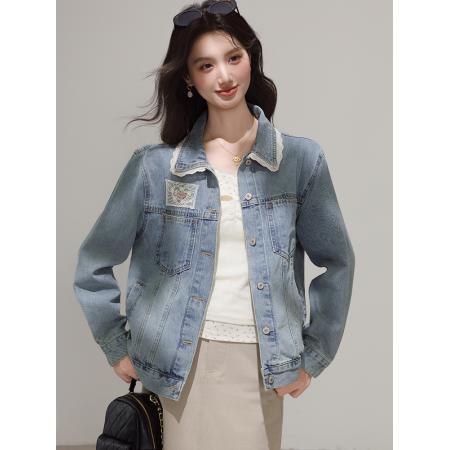 FA53994# 蓝色韩版蕾丝拼接甜美牛仔外套女春季设计感复古夹克上衣 服裝批發女裝批發服飾貨源
