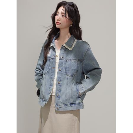 FA53994# 蓝色韩版蕾丝拼接甜美牛仔外套女春季设计感复古夹克上衣 服裝批發女裝批發服飾貨源