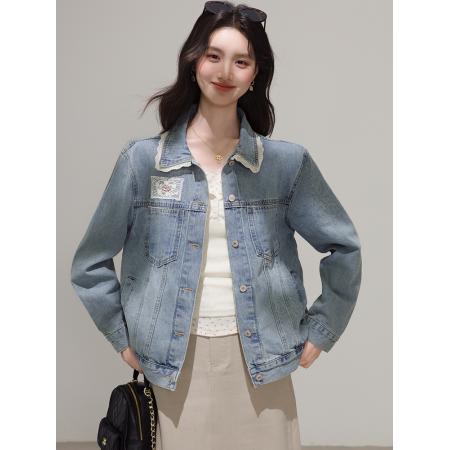 FA53994# 蓝色韩版蕾丝拼接甜美牛仔外套女春季设计感复古夹克上衣 服裝批發女裝批發服飾貨源