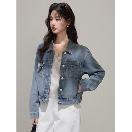 FA53995# 复古休闲牛仔外套女新款春秋季小个子短款夹克百搭上衣 服裝批發女裝批發服飾貨源